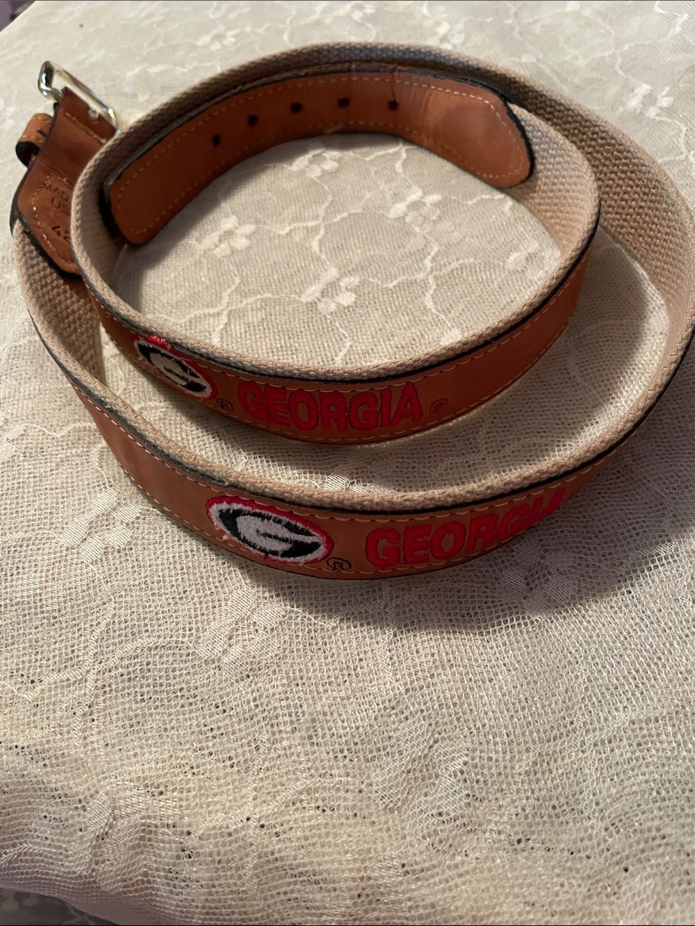 Georgia Embroidered Leather-Trim Canvas Belt - Tan / Red.